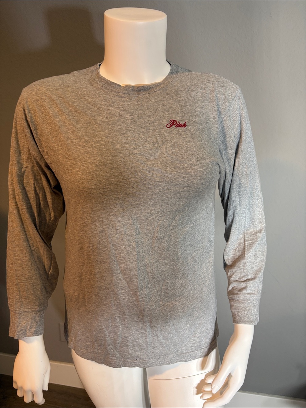 PINK Victoria's Secret Heather Gray Long Sleeve Tee with Red Script Logo